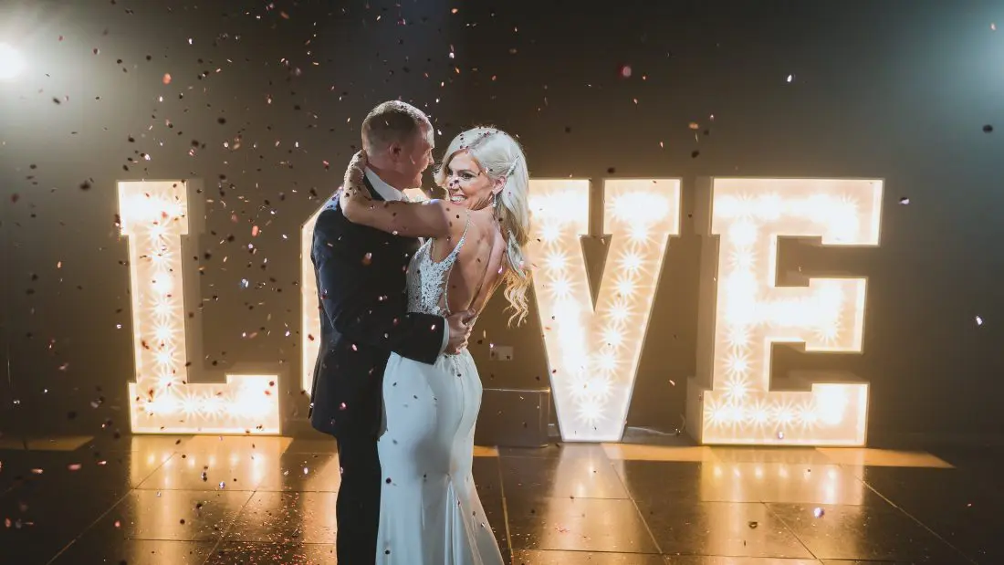 First dance of bride and groom for their wedding photography at Oldwalls & Gower collection with confetti canons
