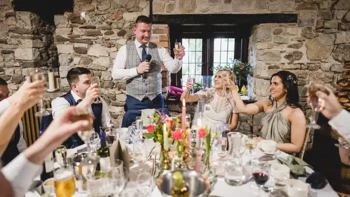 460-Wedding Photography at Pencoed House Emma Gavin-Lewis Fackrell Photography cheers at reception for wedding of bride and groom