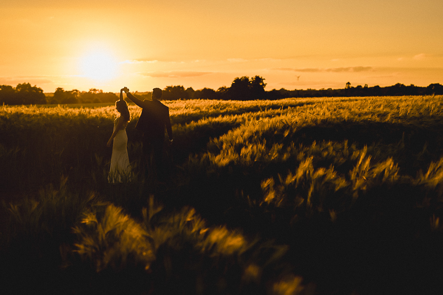 Rachel and Cameron in the barley at sunset