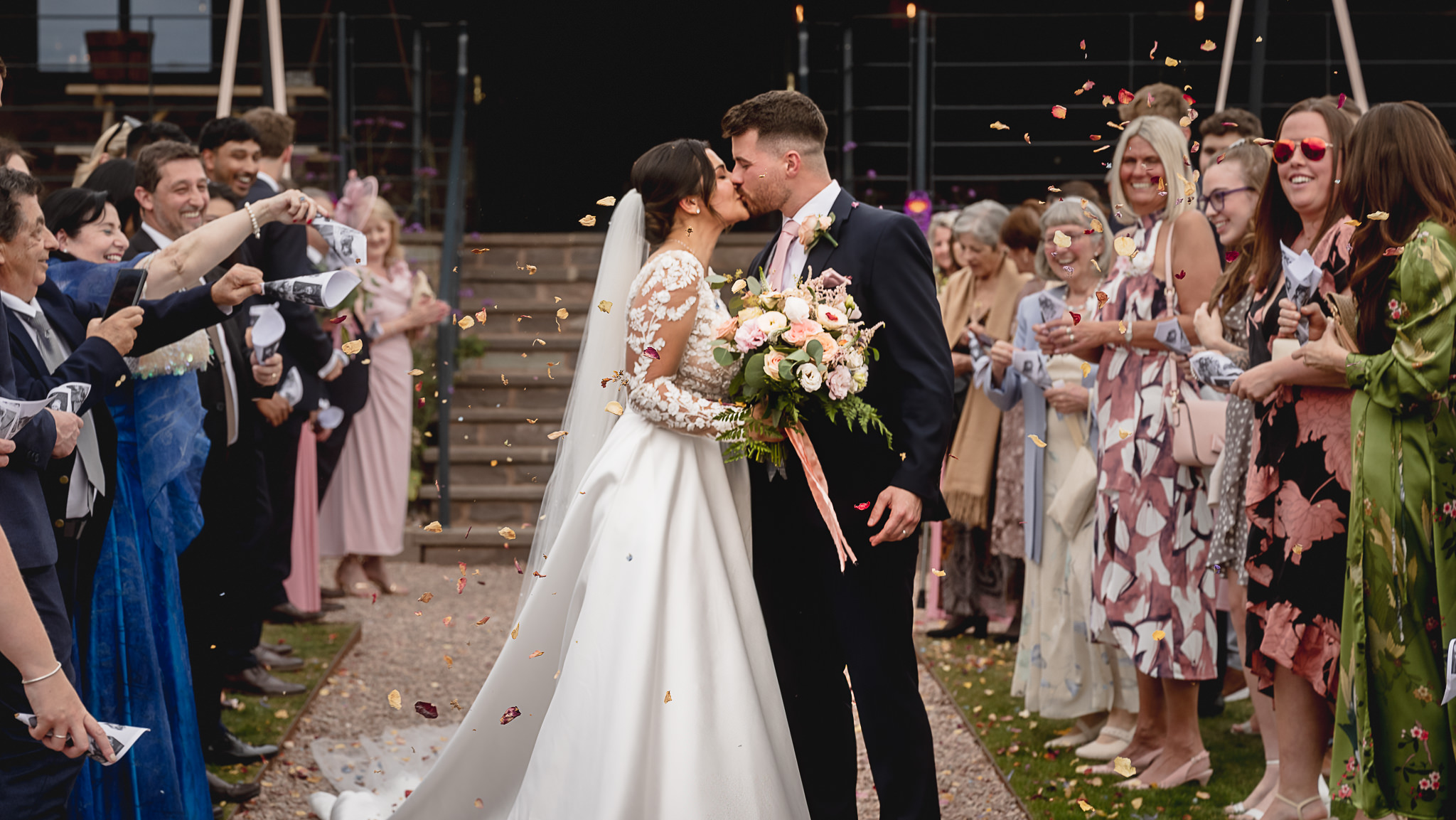 Confetti outside the farmhouse at Llantilio House