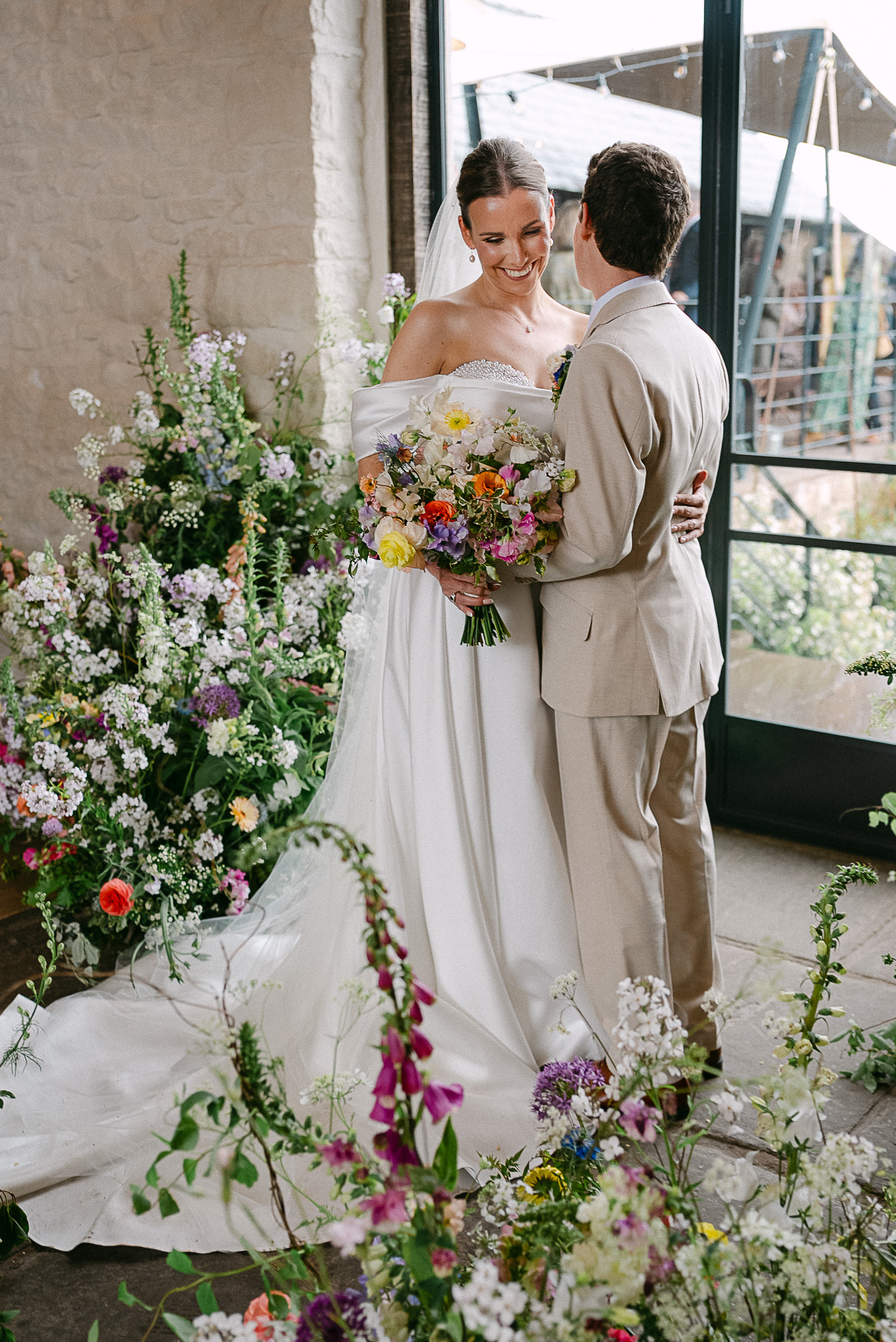 Couple among the flowers at Llantilio House