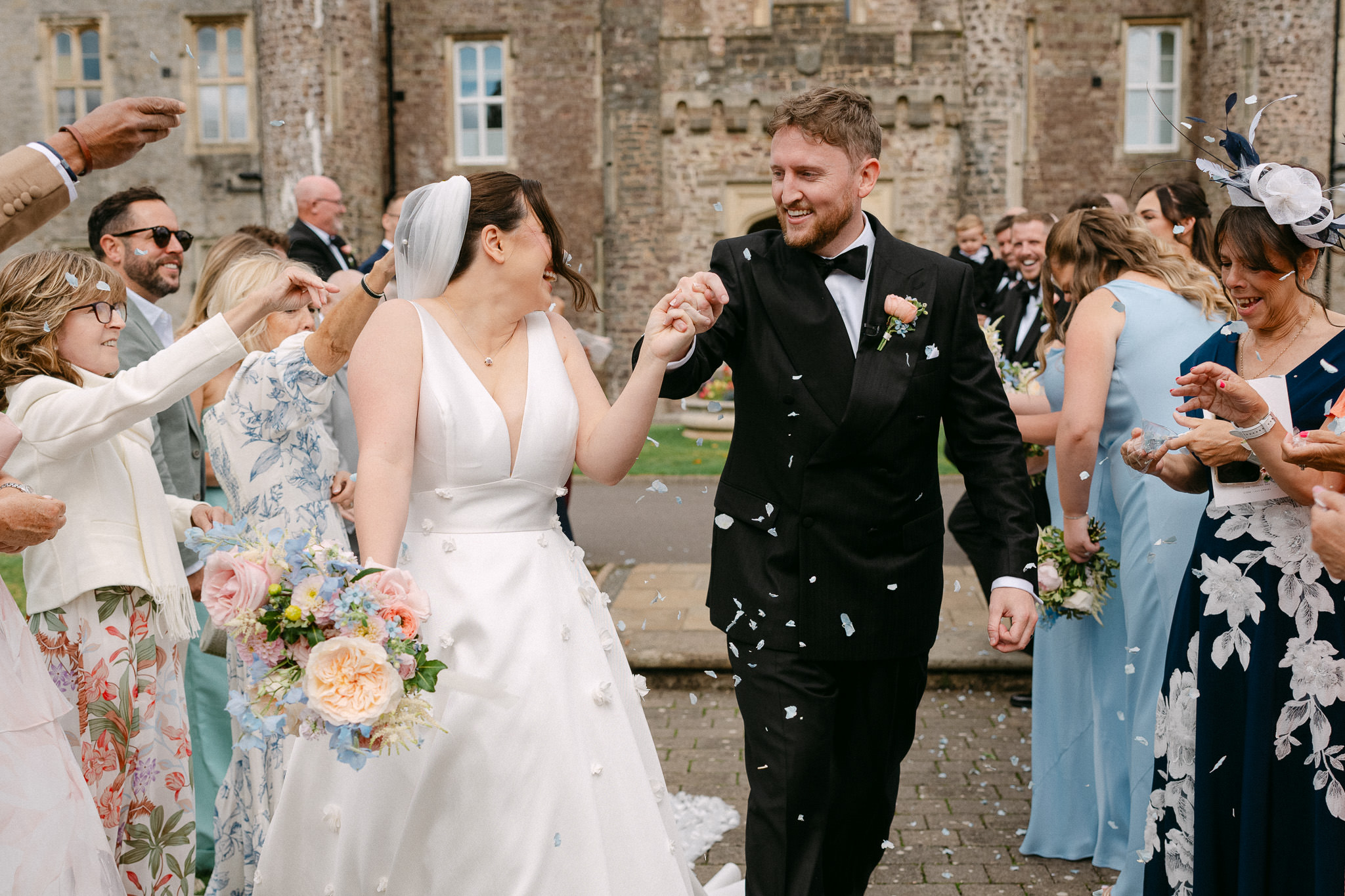 Confetti on the lawn with the castle behind