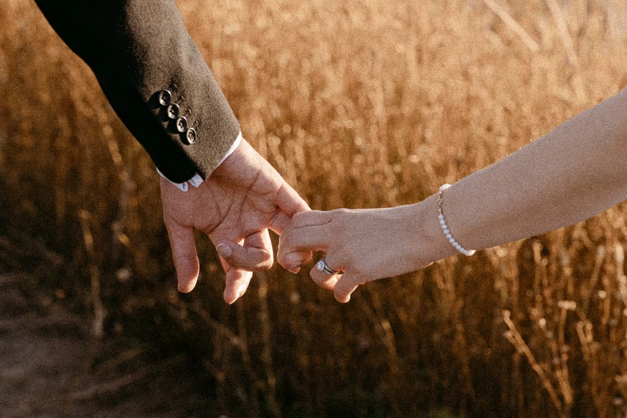 Jess and Tom holding hands in a golden field below St Tewdrics House