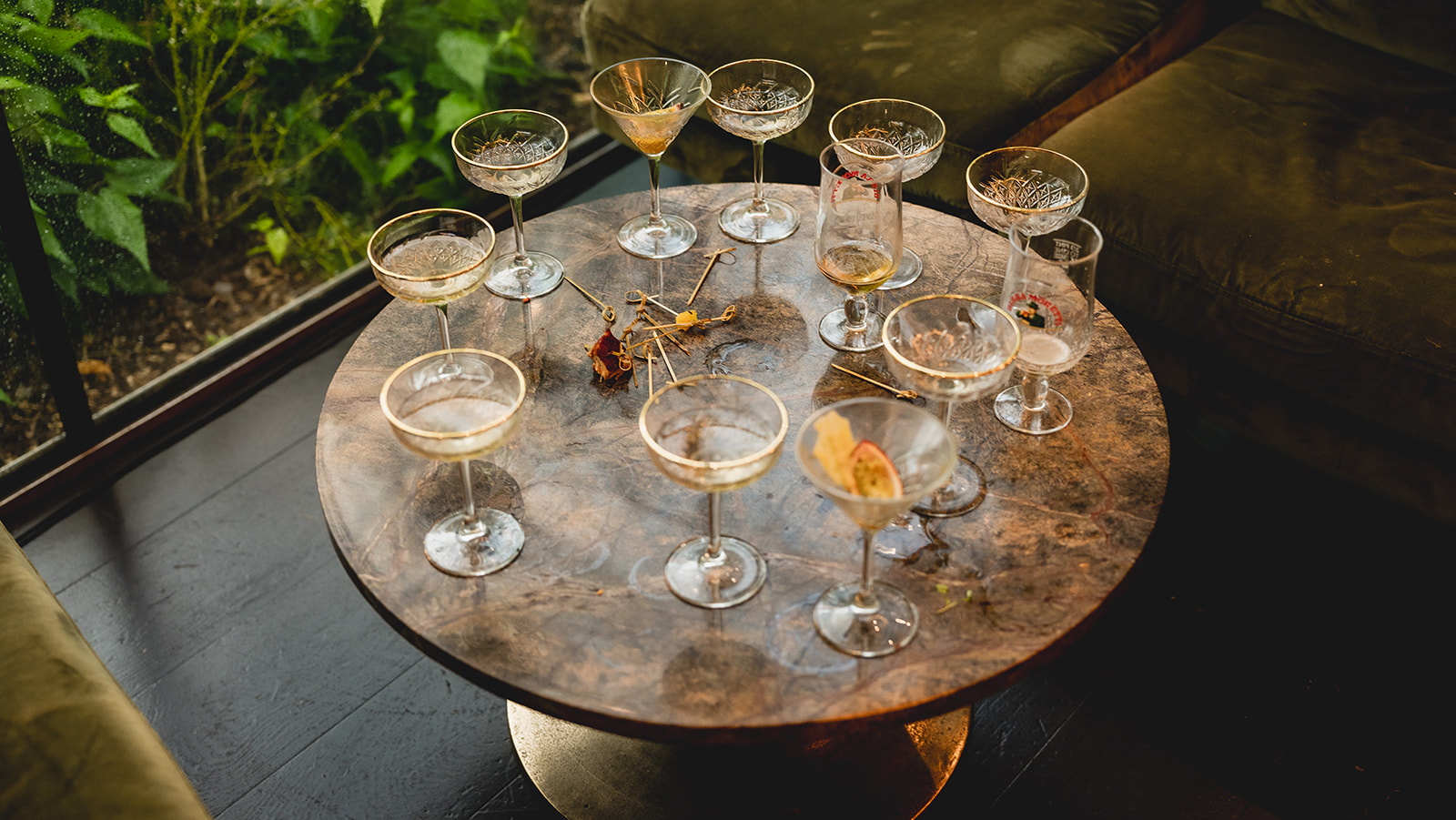 Cocktails on a marble table in the bar